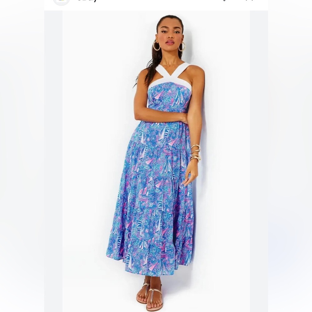 Lilly Pulitzer Jenette Halter Maxi Dress Boca Blue Its Sailabration Size 4
